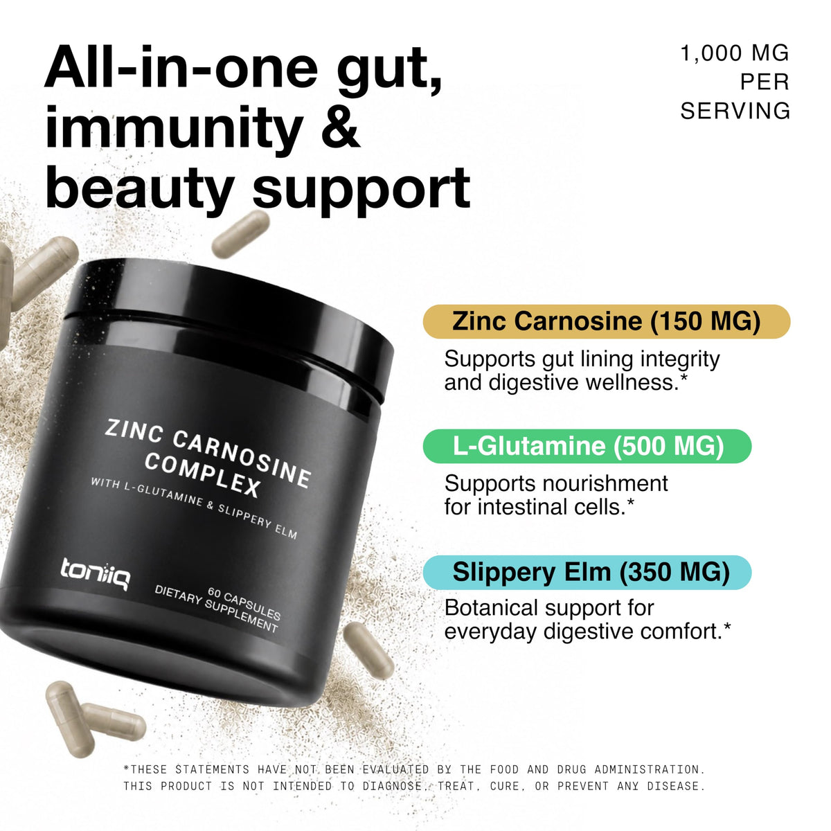 Toniiq Zinc Carnosine 1000mg gélules avec un verre d'eau