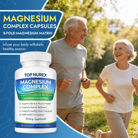 Top Nurex Complexe Magnésium 1000 mg bouteille avec arrière-plan naturel