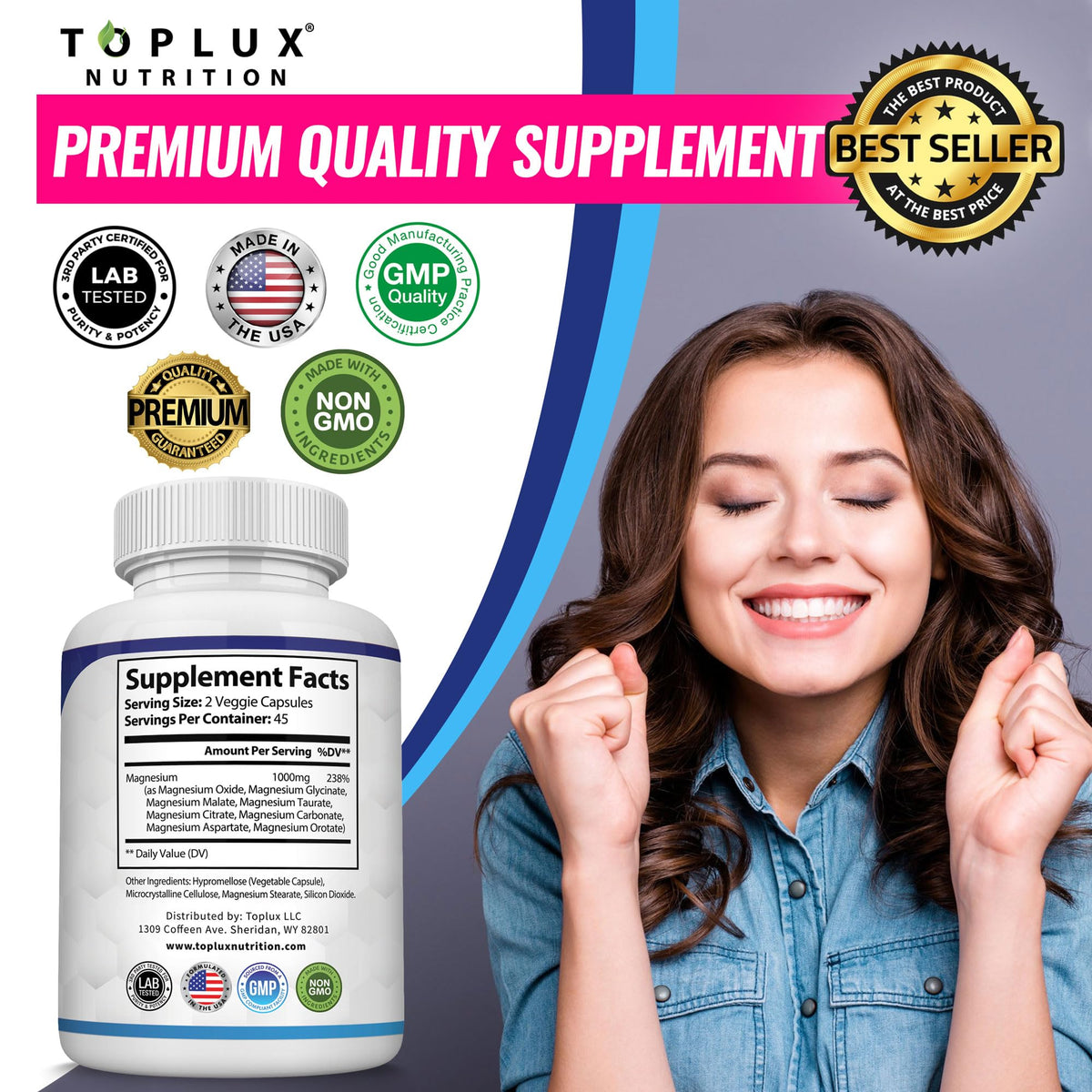 Toplux Magnesium Complex 1000mg capsules next to a glass of water