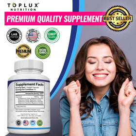 Toplux Magnesium Complex 1000mg capsules next to a glass of water