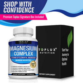 Toplux Magnesium Complex 1000mg capsules on a wooden table