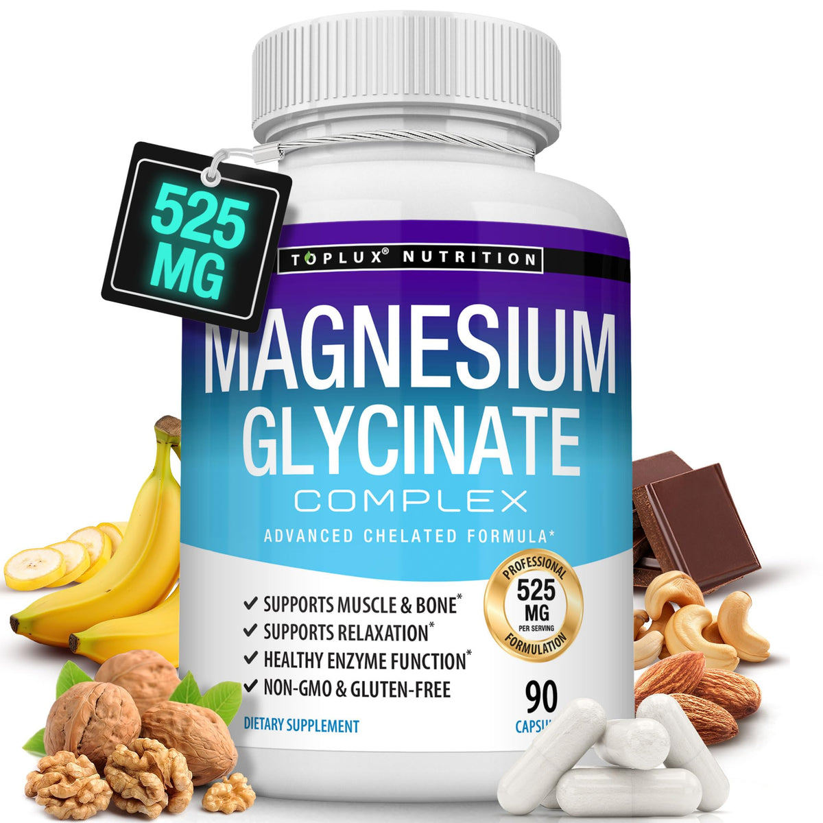 Toplux Magnésium Glycinate 525mg 90 capsules vue de face