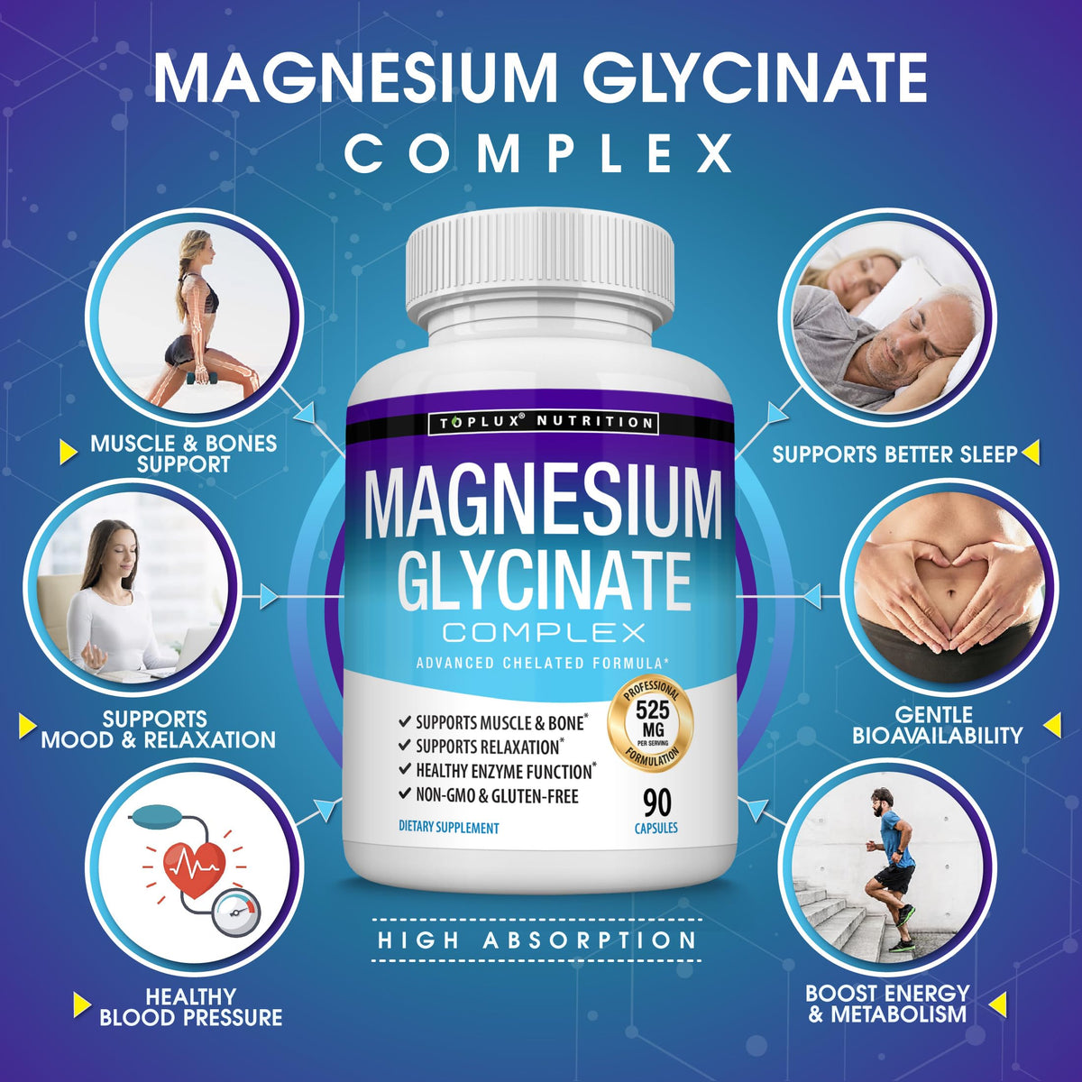 Toplux Magnésium Glycinate 525mg capsules sur une table