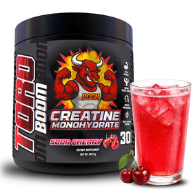TORO BOOM créatine micronisée 5g saveur cerise avec des haltères