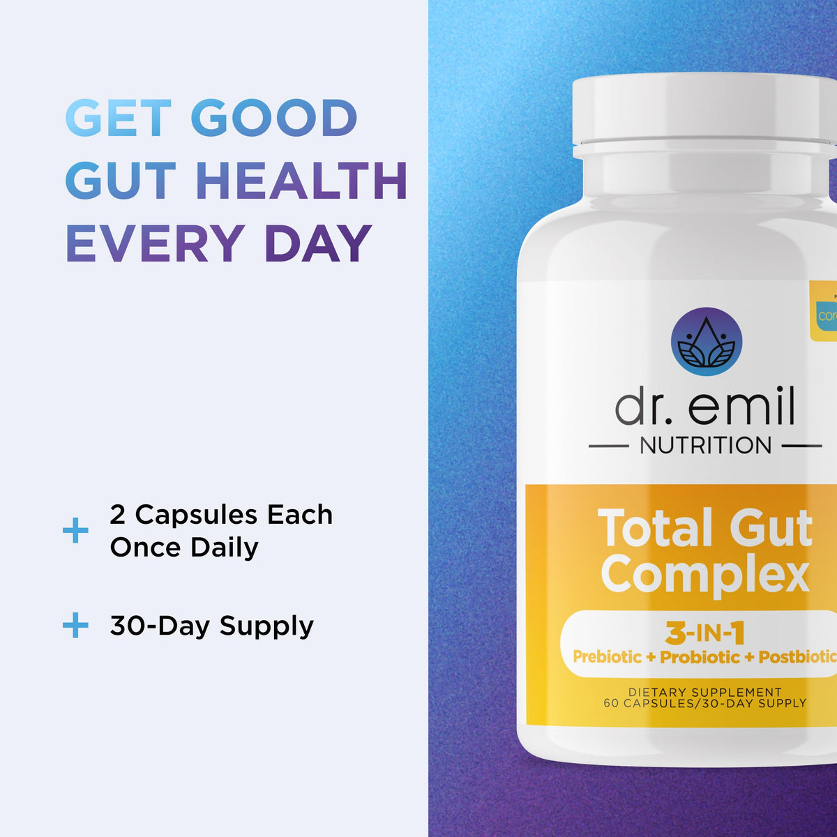Total Gut Complex avec des capsules ouvertes montrant leur taille