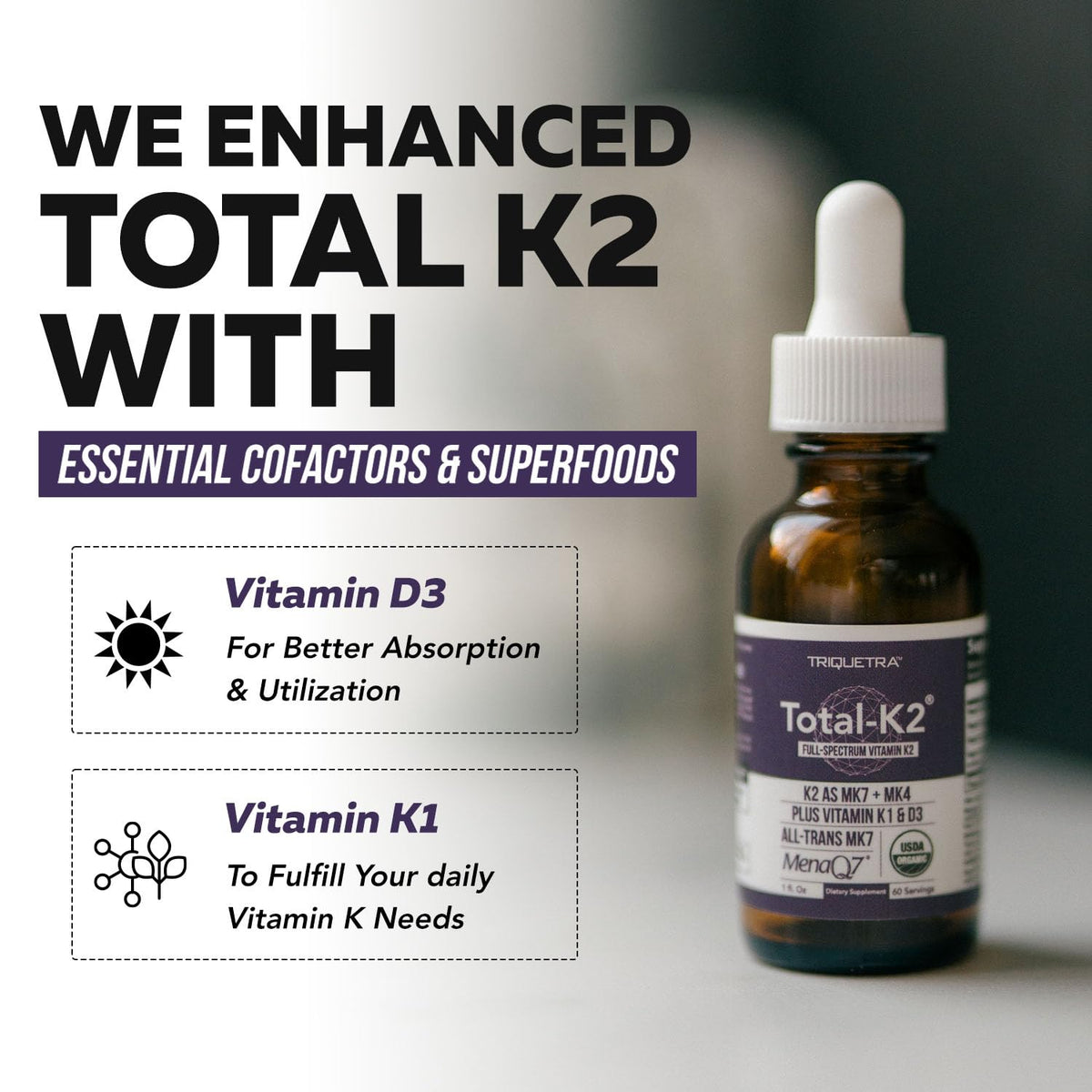 Total K2® Triquetra Health avec des ingrédients naturels en arrière-plan