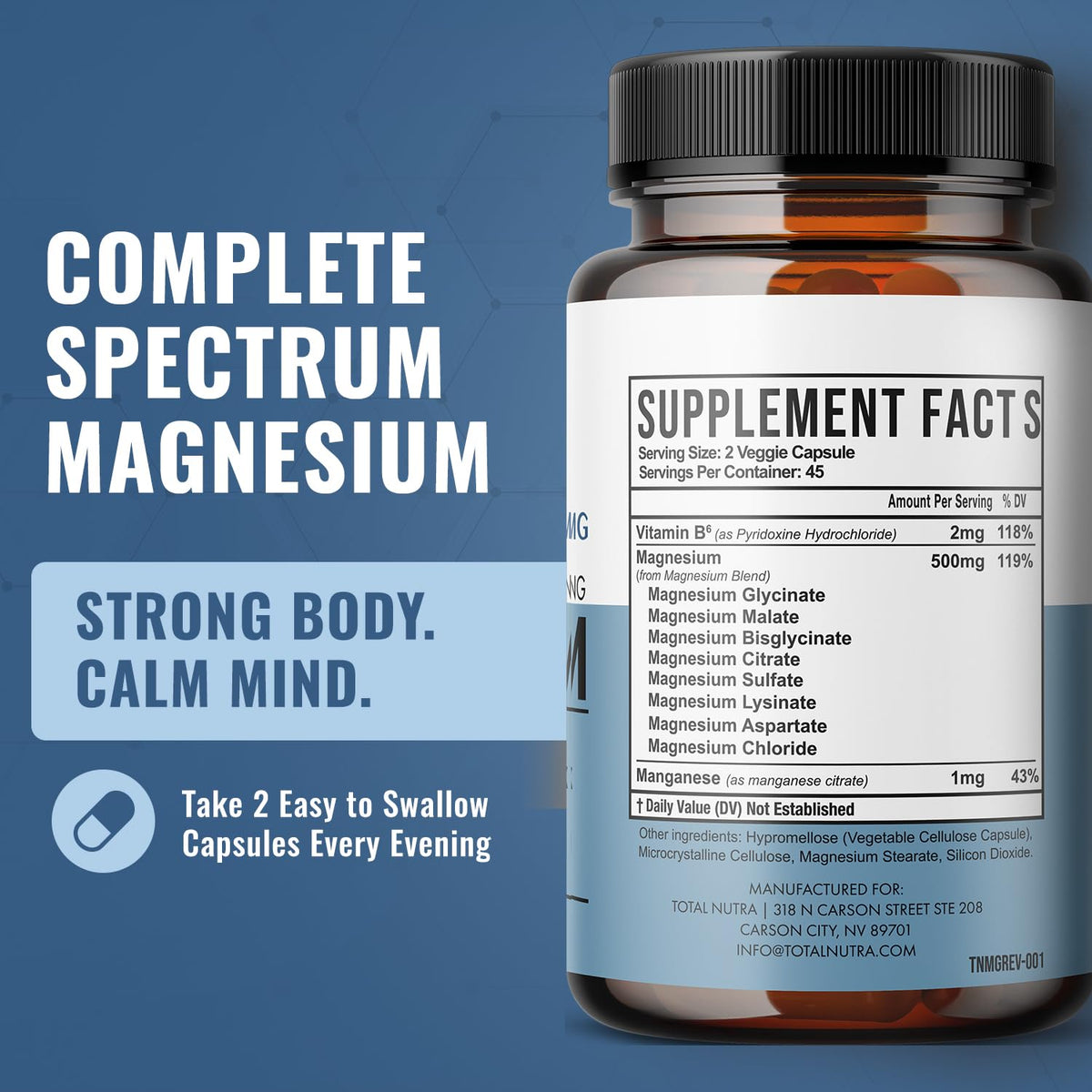 Total Nutra Complément Alimentaire Magnésium 10-en-1 500 mg - Boîte ouverte avec capsules