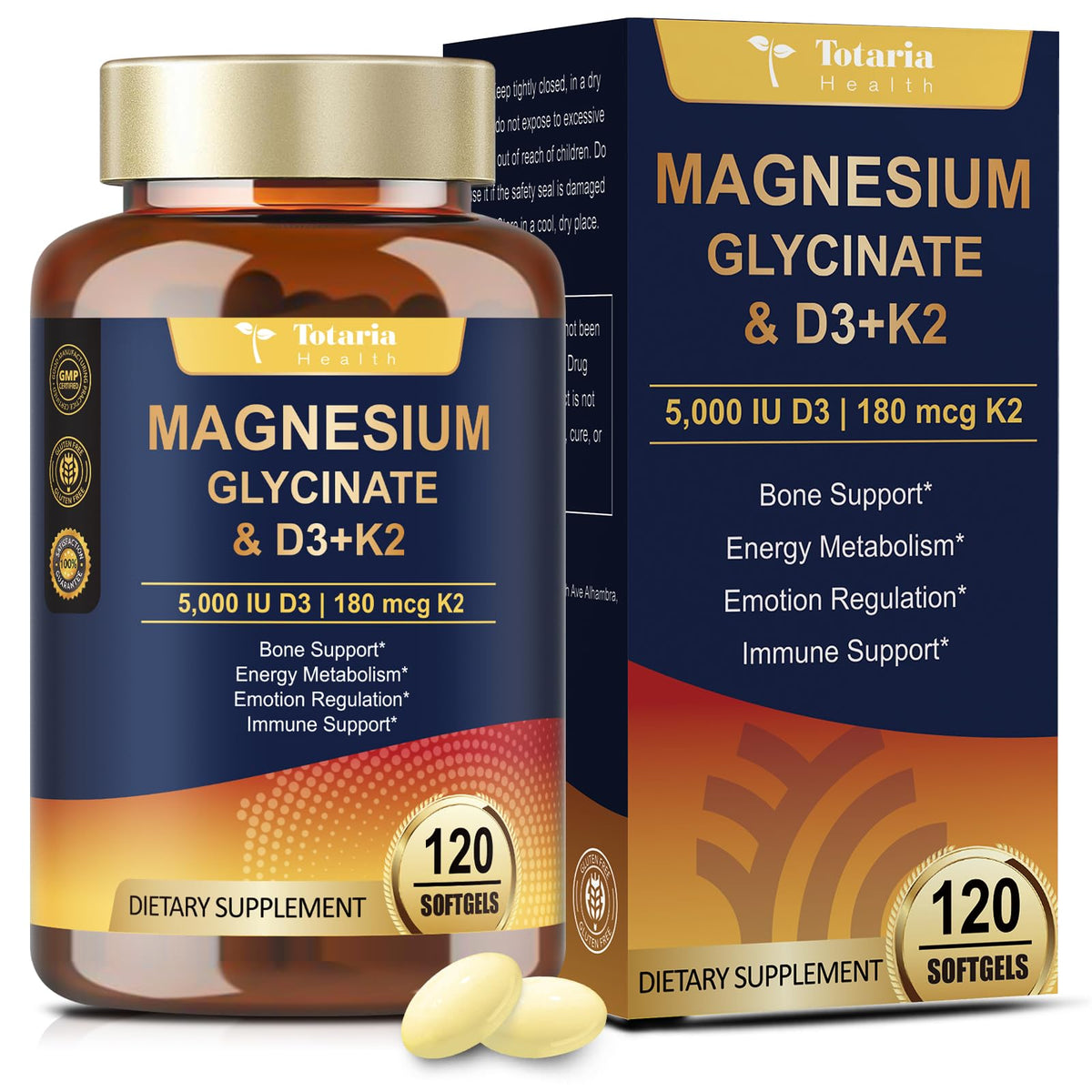 Totaria 9-en-1 Magnésium Glycinate 500mg Vitamine D3 K2 gélules molles