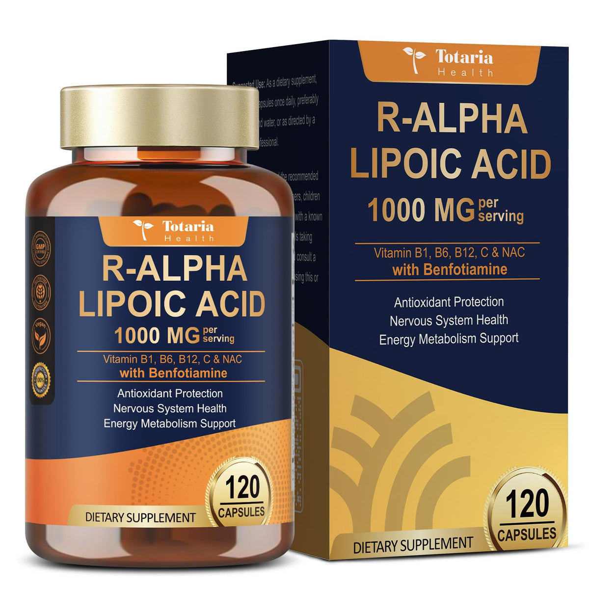 Totaria Acide Alpha-Lipoïque 1000mg avec Benfotiamine 120 capsules, vue de face