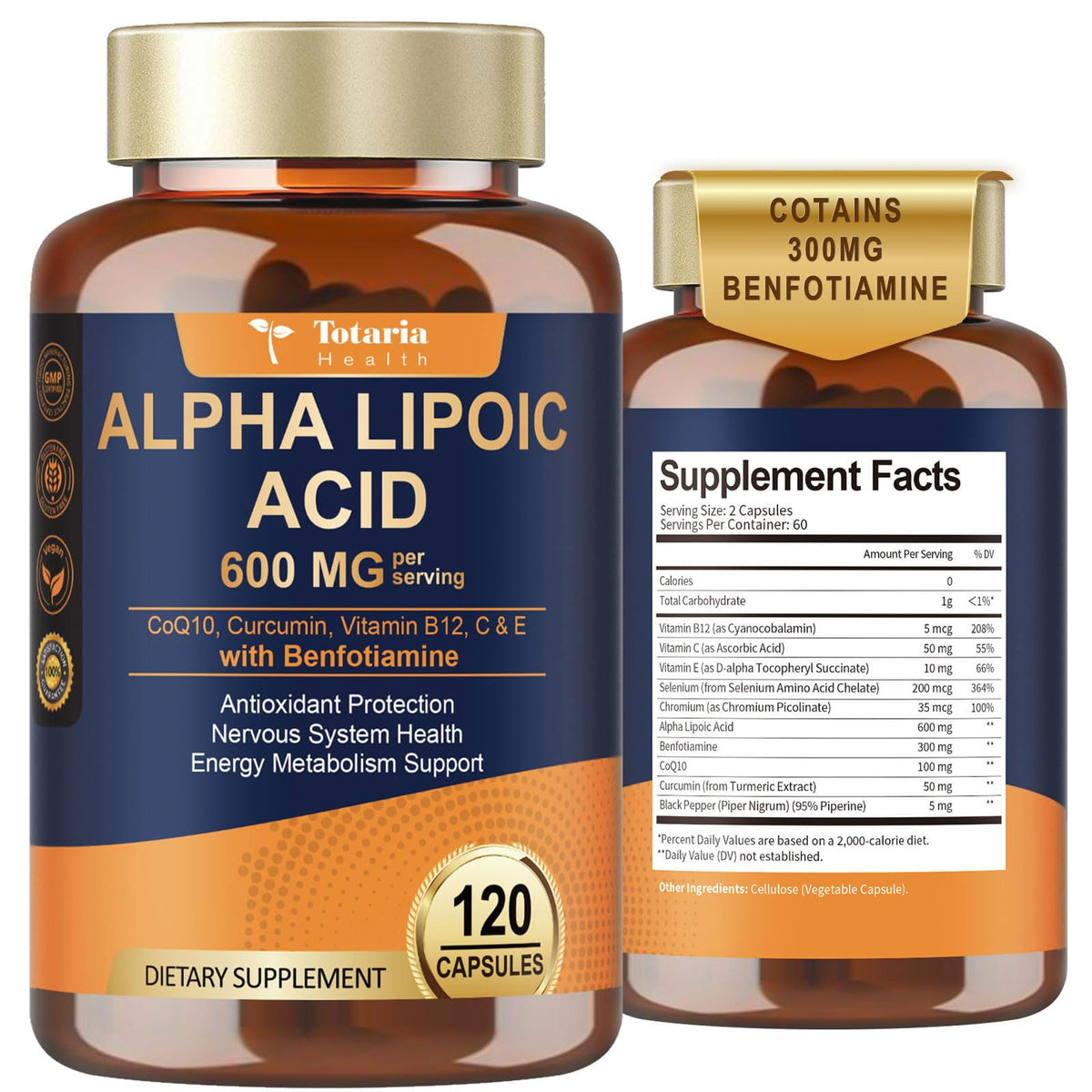 Totaria Acide Alpha-Lipoïque 600mg avec Benfotiamine 300mg - vue avant