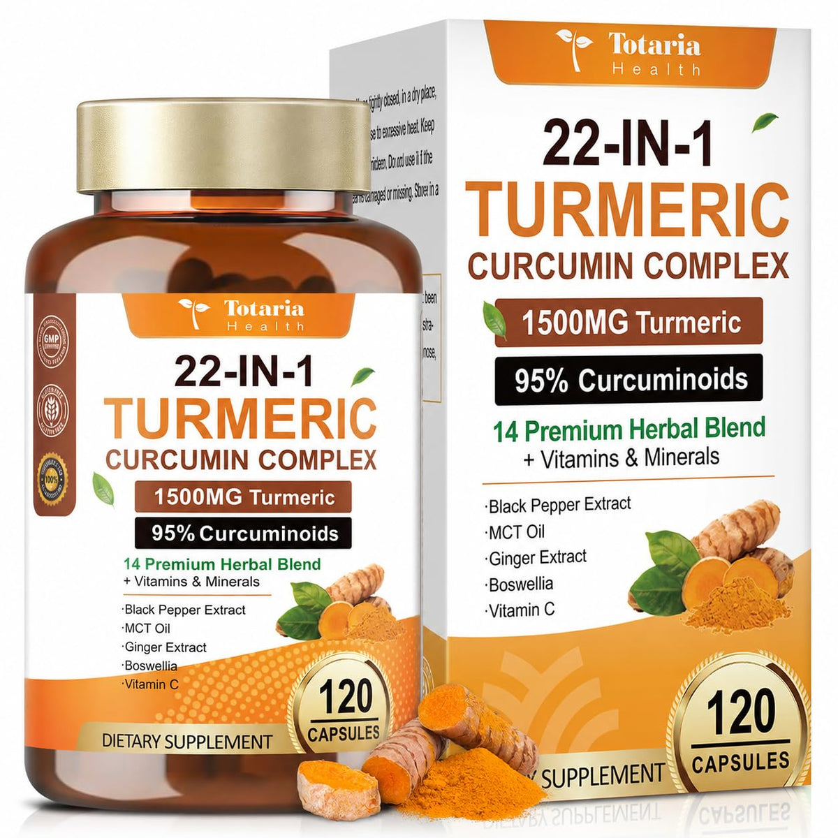 Totaria Complément Alimentaire Curcuma 22-en-1 120 capsules vue de face