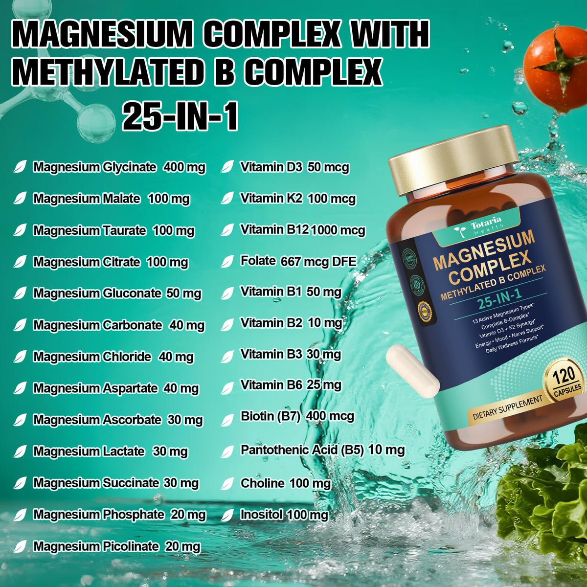 Totaria Complément Alimentaire Magnésium 25-en-1 120 capsules végétales vue arrière