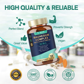 Totaria Complément Alimentaire Magnésium 25-en-1 120 capsules végétales avec des ingrédients en arrière-plan
