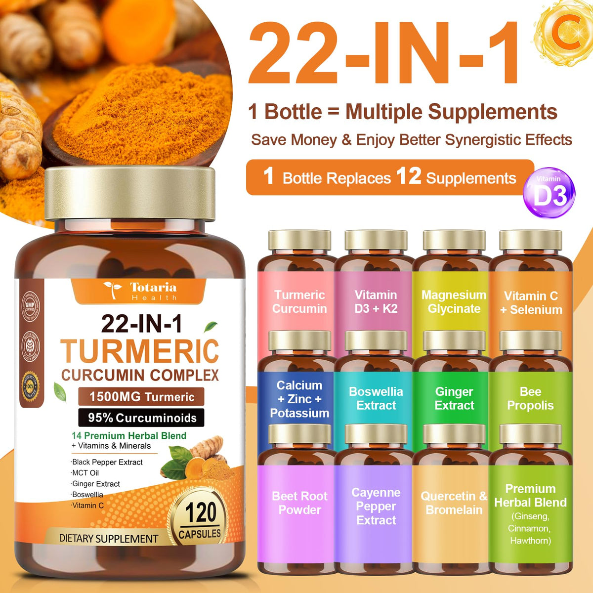Totaria Curcuma 22-en-1 120 capsules dans leur emballage