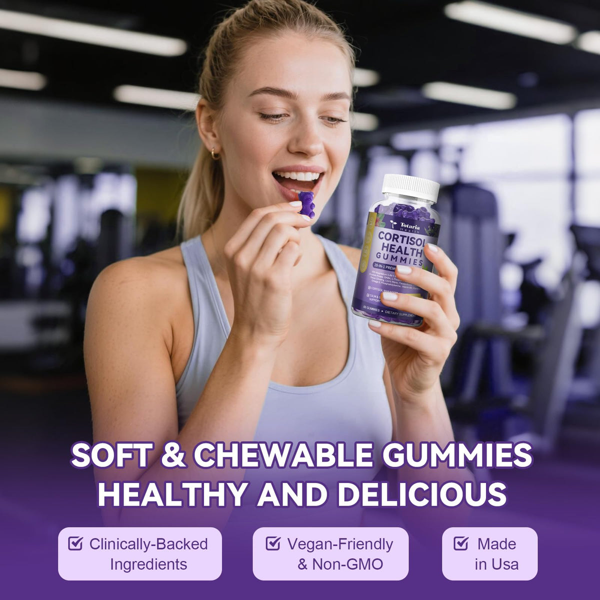 Totaria gummies Cortisol 20-en-1 avec un verre d'eau