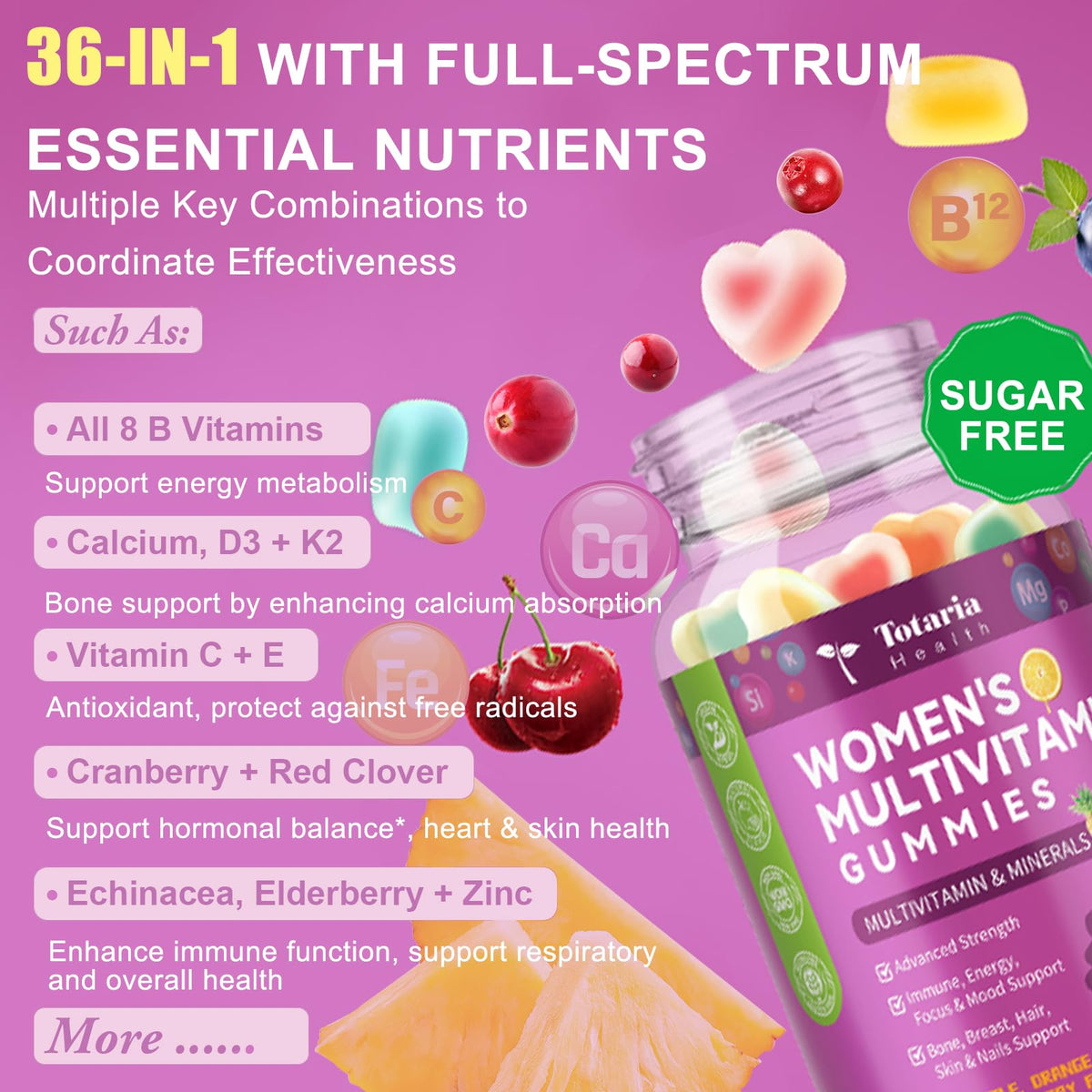 Totaria Gummies Multivitamines Femmes gummies sur une surface blanche