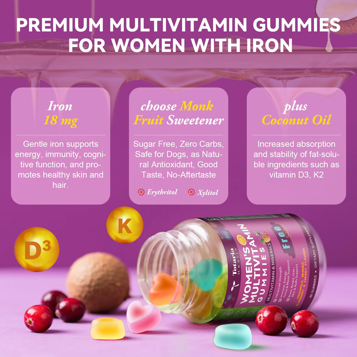 Totaria Gummies Multivitamines Femmes ingrédients listés sur l'emballage