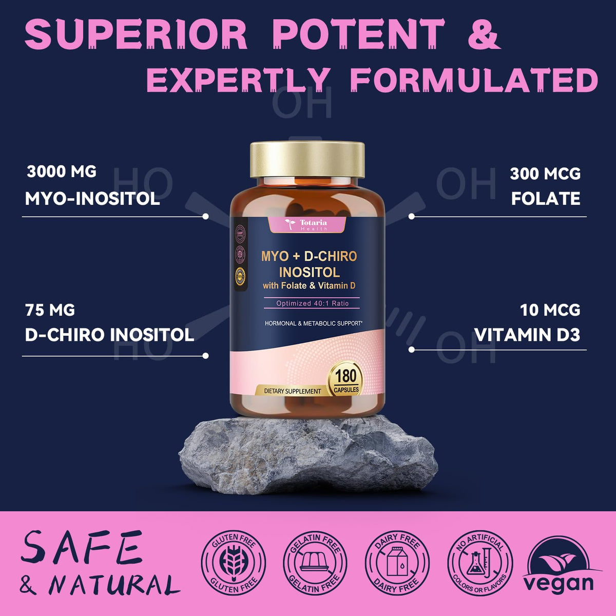 Totaria Inositol 40:1 capsules en gros plan sur un fond blanc