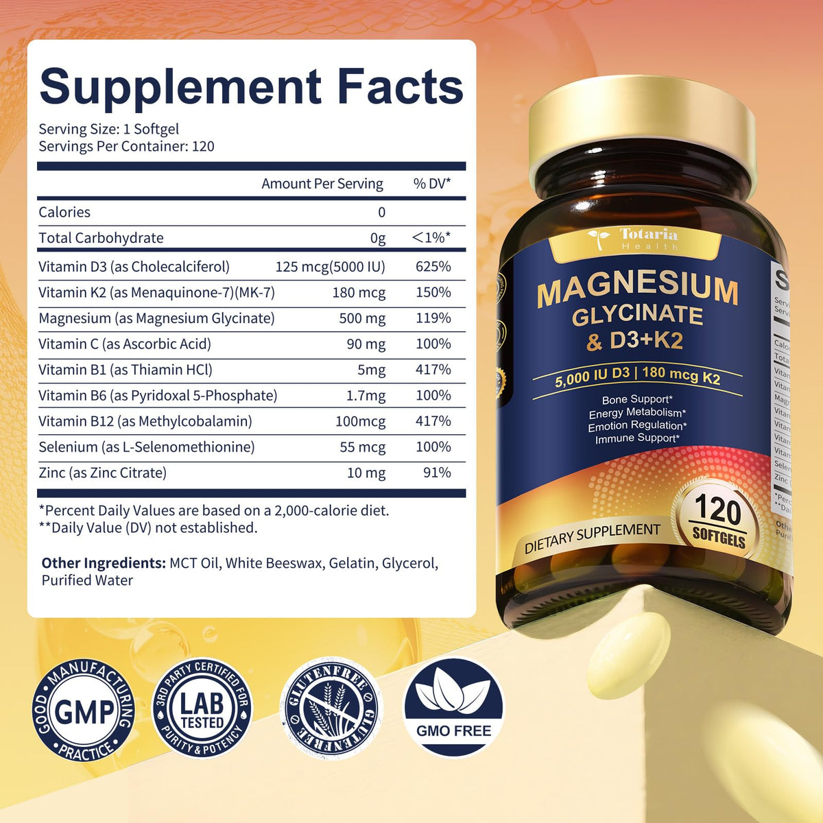 Totaria Magnésium Glycinate 500mg + D3 5000 IU + K2 avec des ingrédients