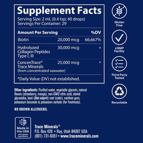 Trace Minerals biotine + collagène contenu en gros plan