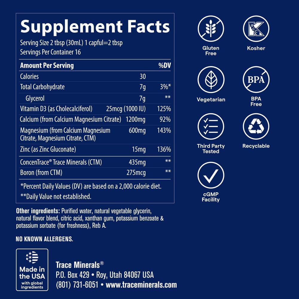 Trace Minerals Cal Mag Zinc 16 fl oz bouteille vue de côté