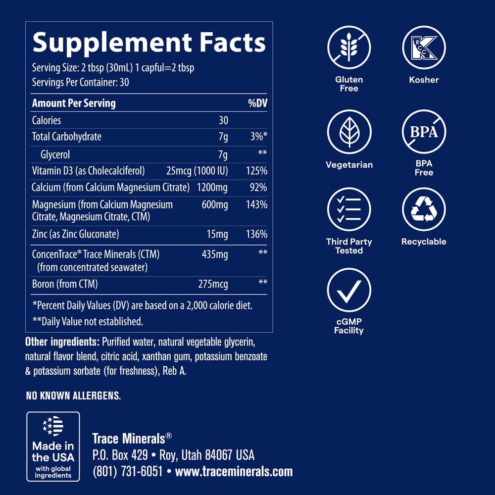 Trace Minerals Calcium Magnésium Zinc vue de côté avec étiquette