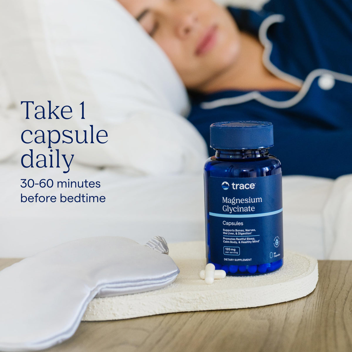 Trace Minerals Capsules de Magnésium Glycinate 120 mg, capsules sur une table