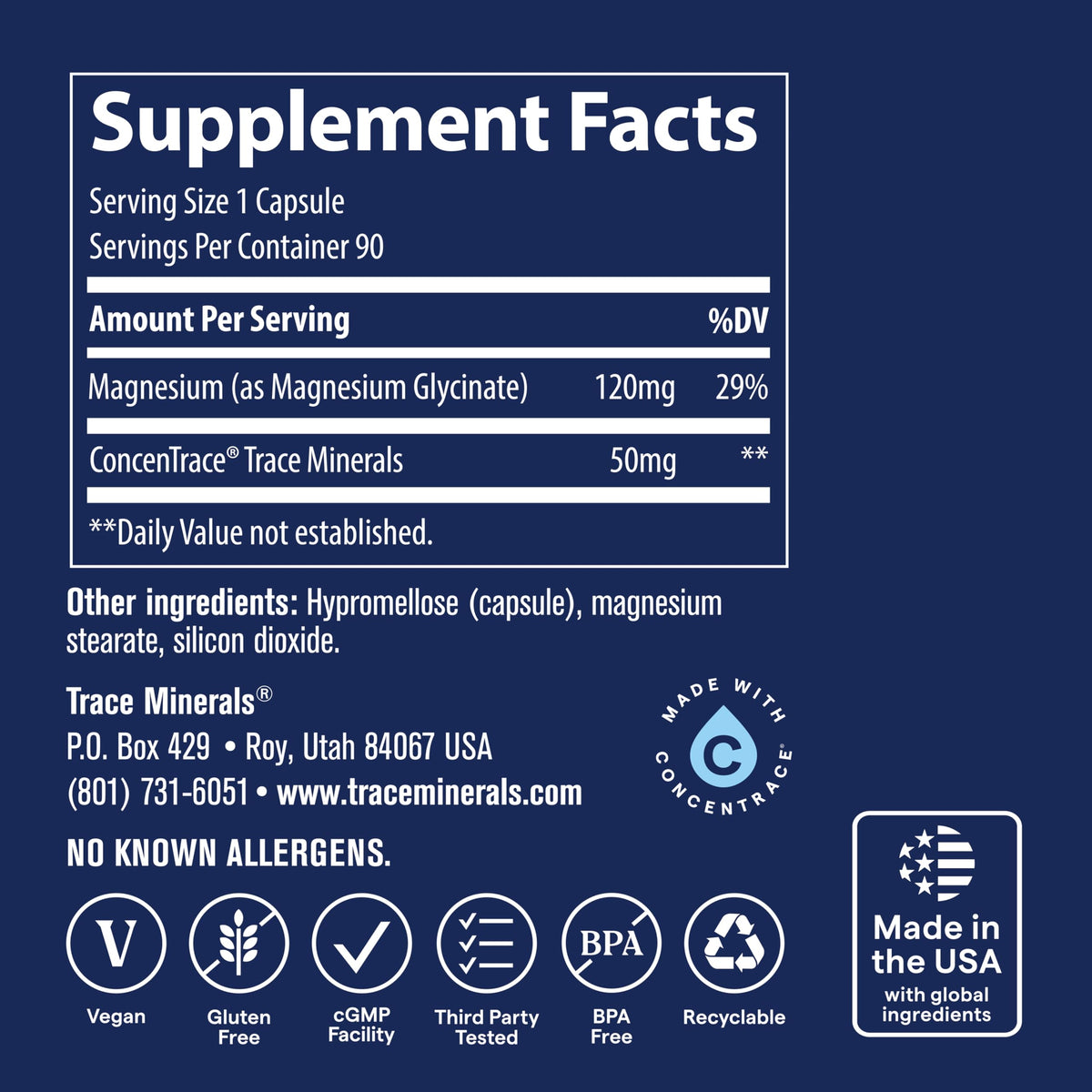 Trace Minerals Capsules de Magnésium Glycinate 120 mg, vue de côté