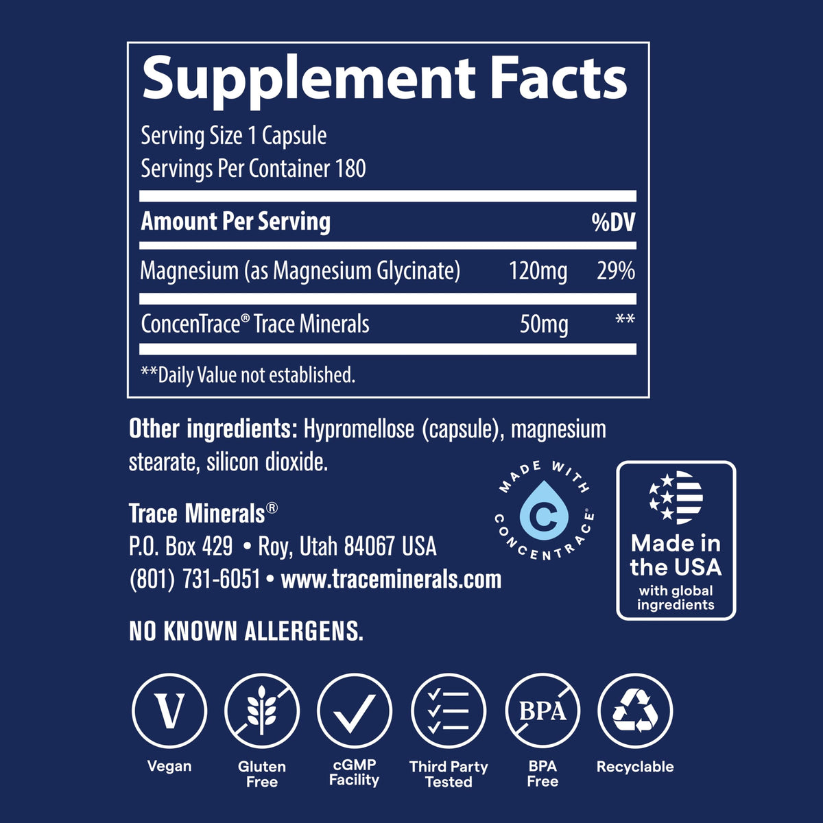Trace Minerals Capsules de Magnésium Glycinate 120 mg, vue latérale