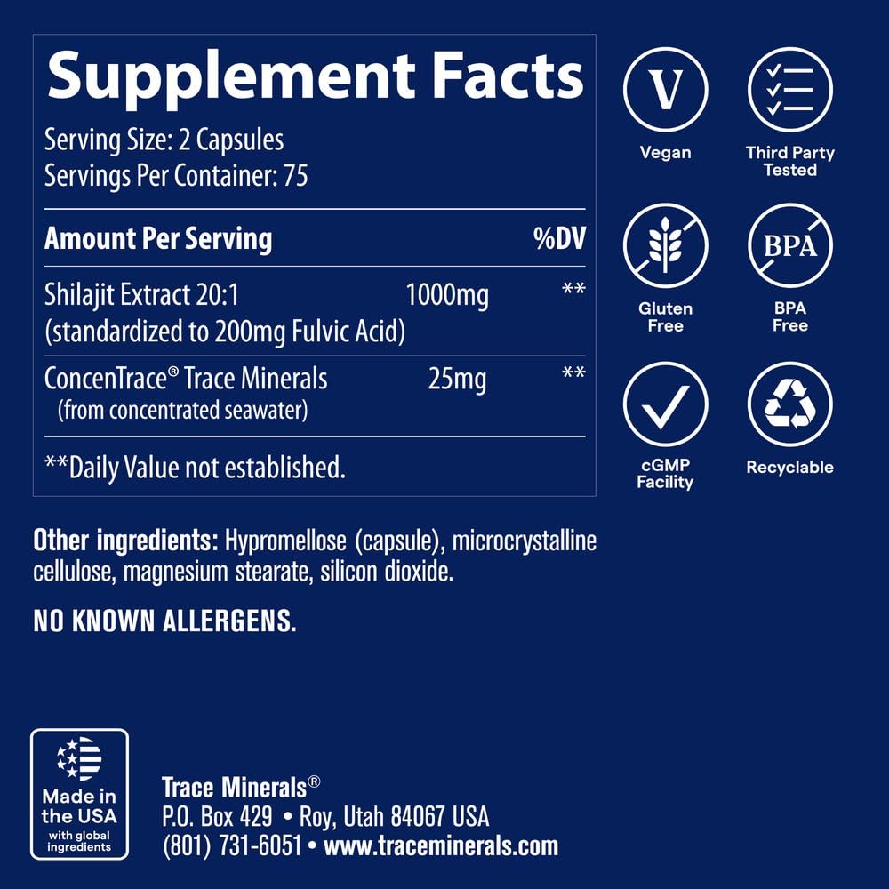 Trace Minerals Capsules de Shilajit, vue latérale des capsules