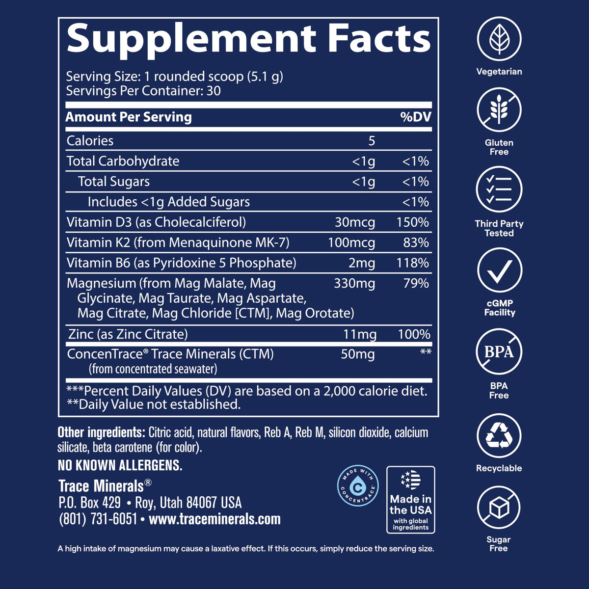 Trace Minerals Complex de Magnésium en Poudre, mesure de poudre dans un verre d'eau