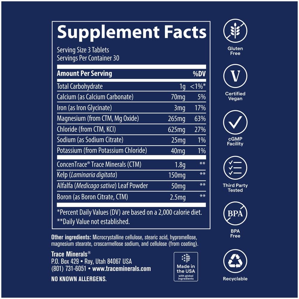 Trace Minerals ConcenTrace comprimés minéraux trace 90 comprimés côté