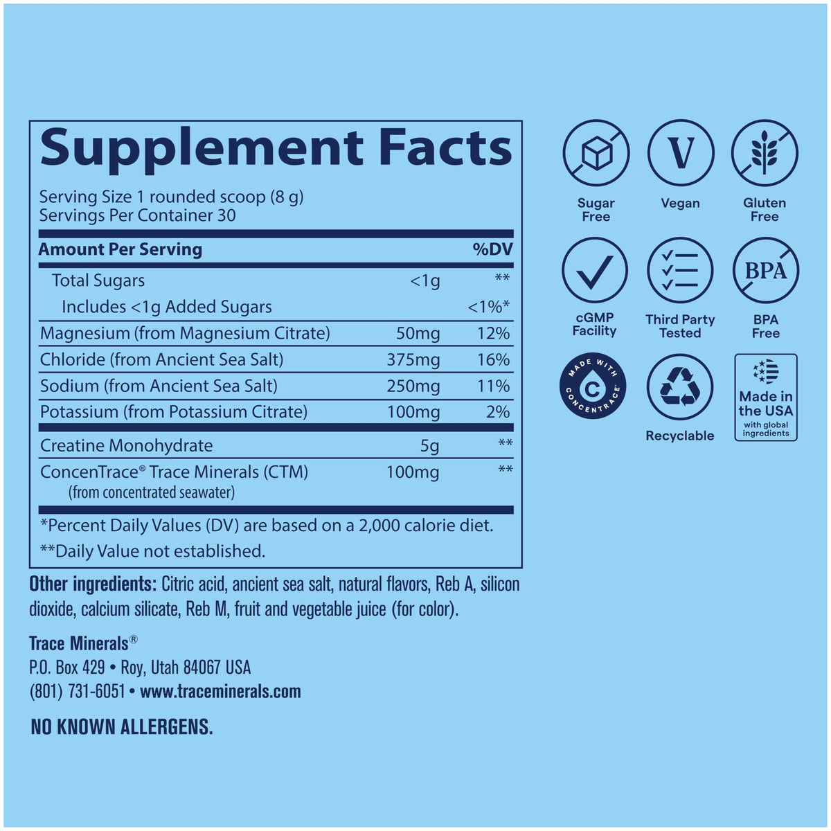 Trace Minerals Créatine + Électrolytes en poudre dans un verre d'eau