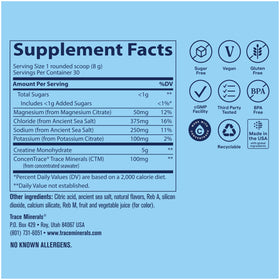 Trace Minerals Créatine + Électrolytes en poudre dans un verre d'eau