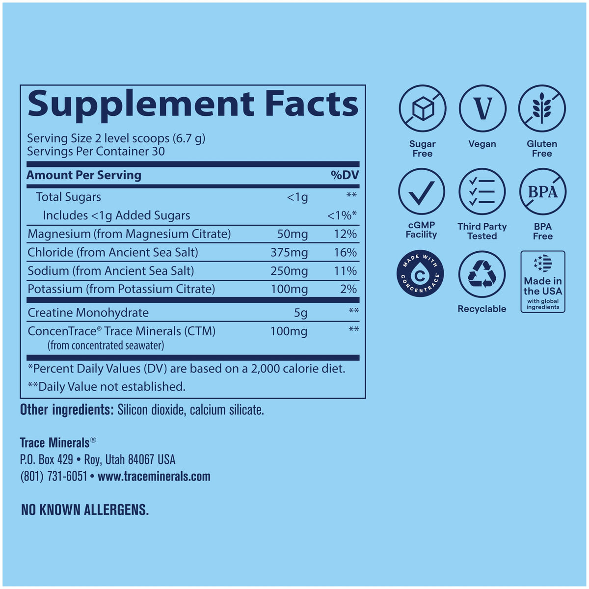 Trace Minerals Créatine + Électrolytes ingrédients sur l'étiquette