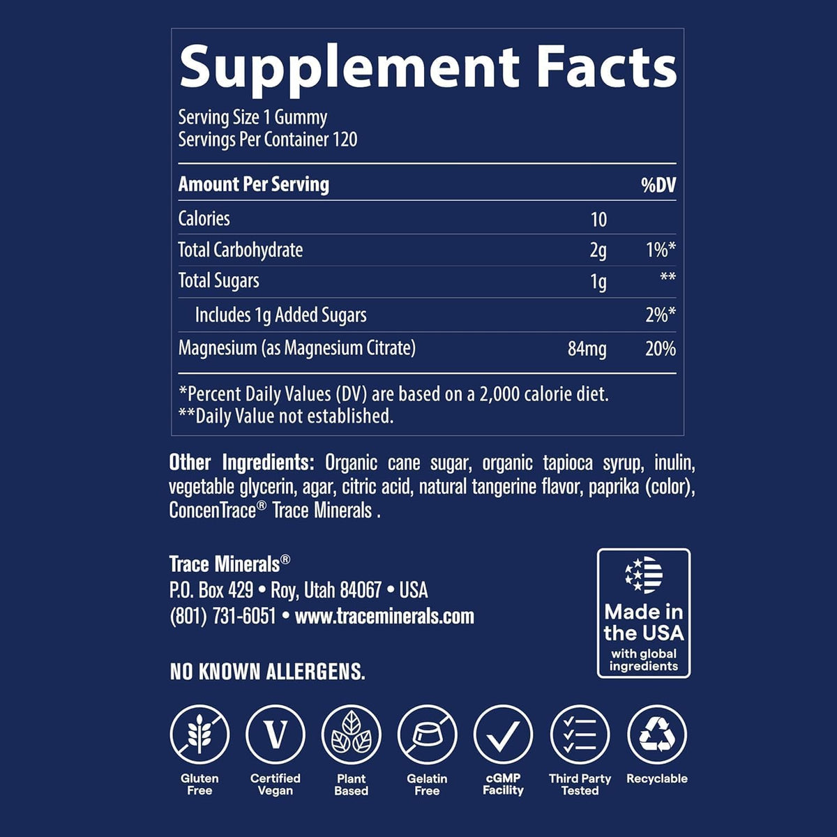 Trace Minerals Gummies de Magnésium 120 comprimés, emballage et informations nutritionnelles