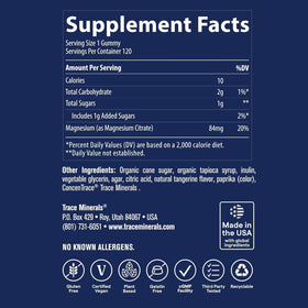 Trace Minerals Gummies de Magnésium 120 comprimés, emballage et informations nutritionnelles