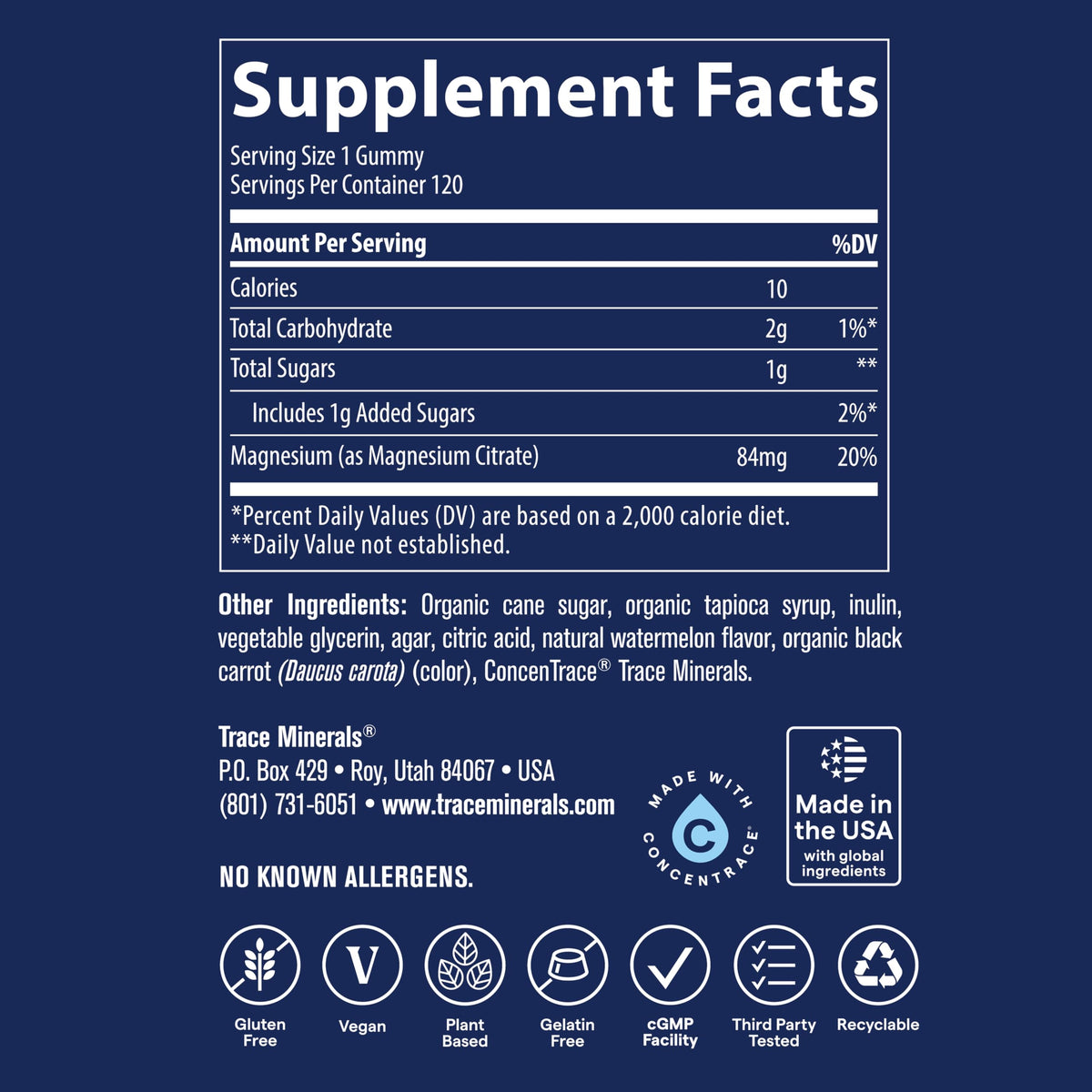Trace Minerals Gummies de Magnésium, compotes sur une table avec fruits