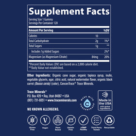 Trace Minerals Gummies de Magnésium, compotes sur une table avec fruits