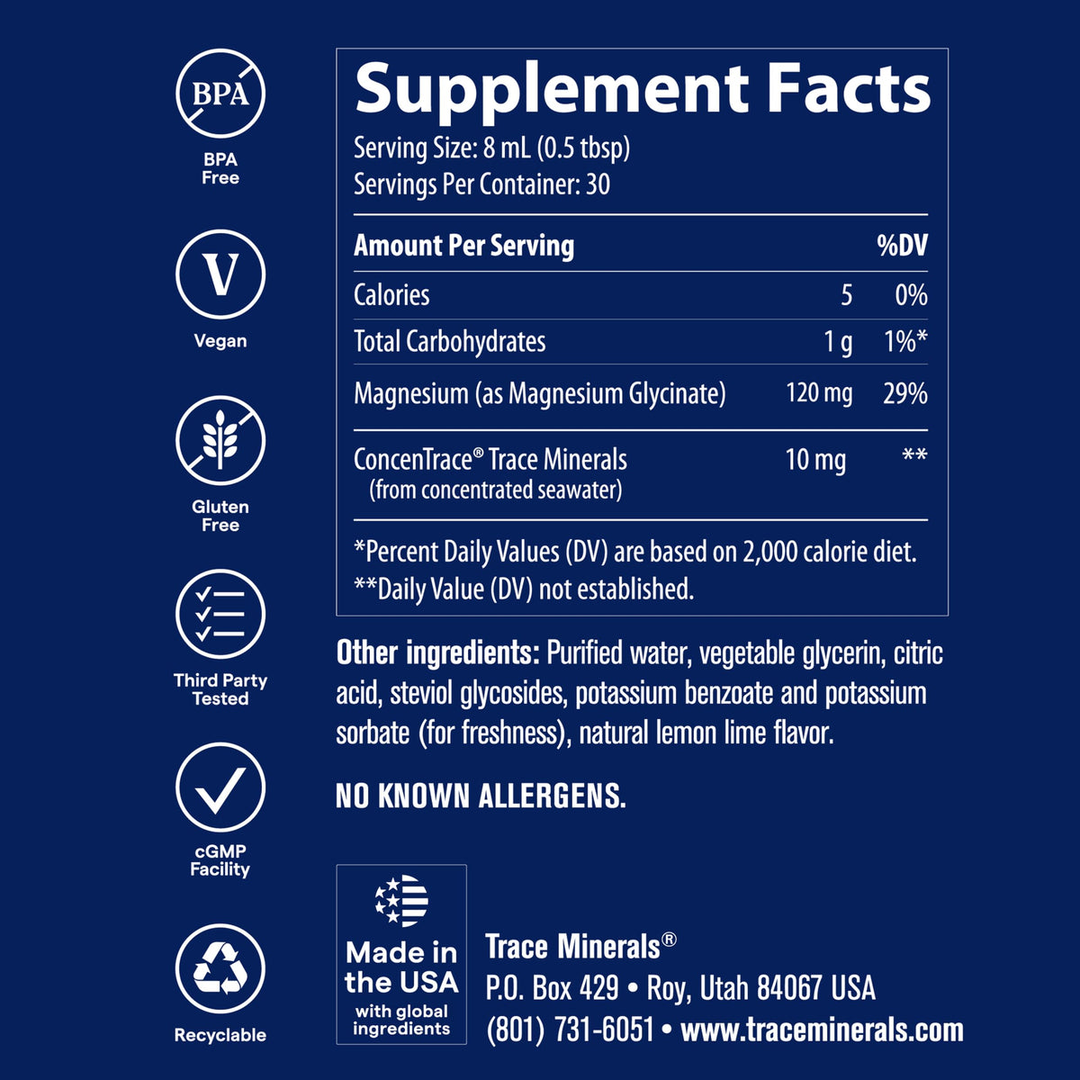 Trace Minerals Magnésium Glycinate liquide versé dans un verre