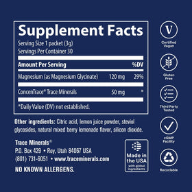 Trace Minerals Magnésium Glycinate stick pack dans un verre d'eau