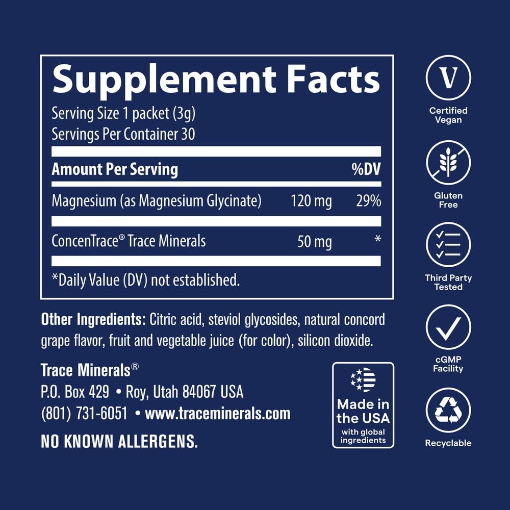 Trace Minerals Magnésium Glycinate stick pack ouvert sur une table