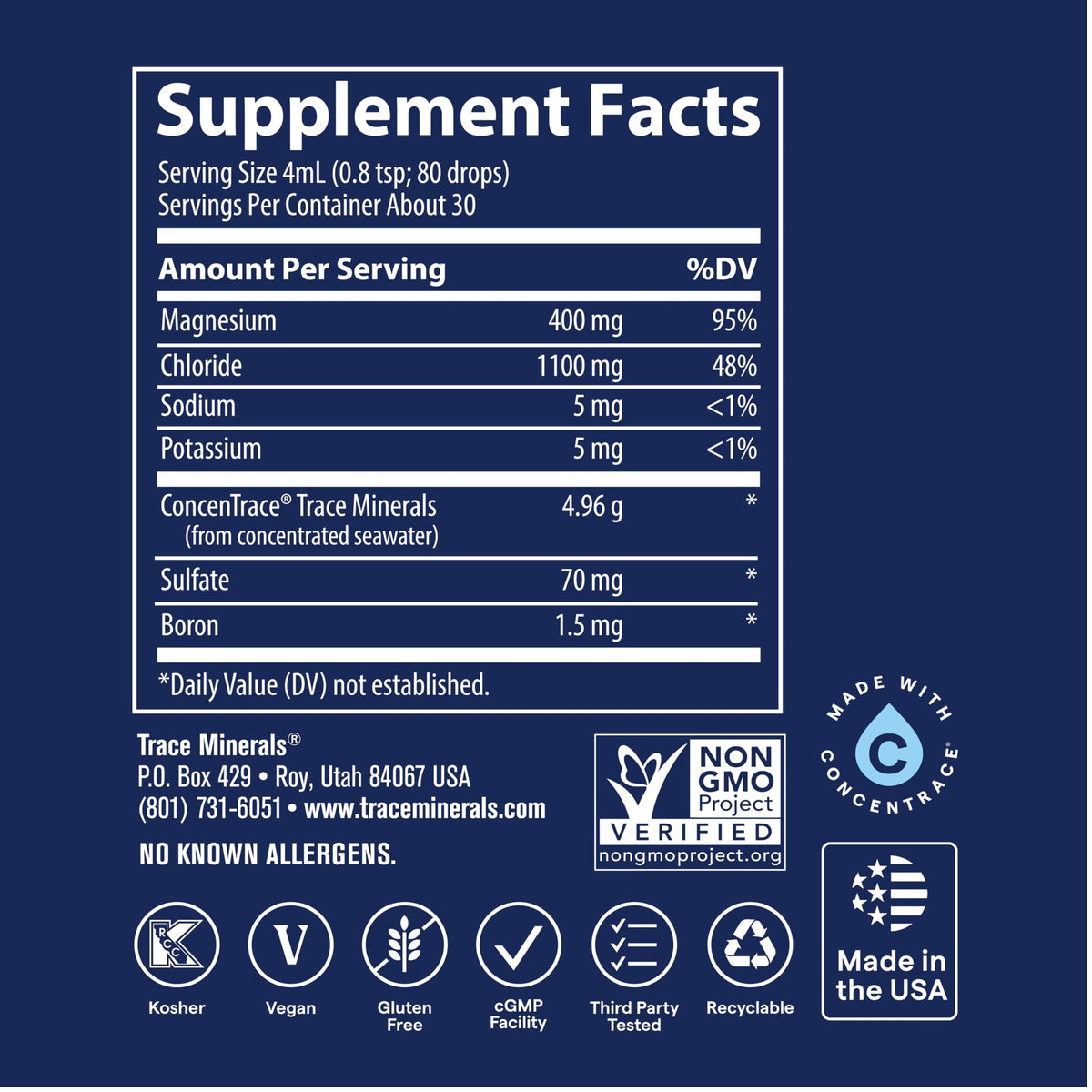 Trace Minerals Magnésium Ionique Liquide 400 mg gouttes dans un verre d'eau