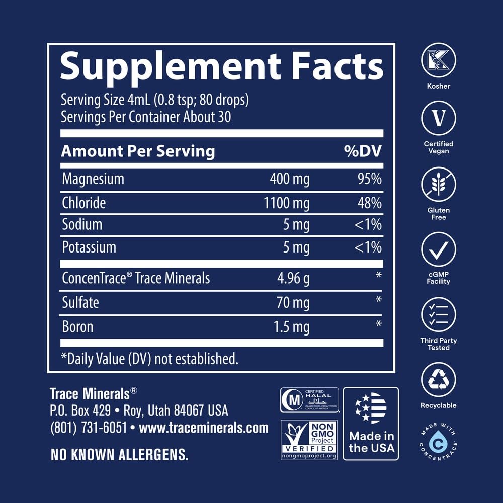 Trace Minerals Mega-Mag 120 mL avec étiquette détaillant les ingrédients