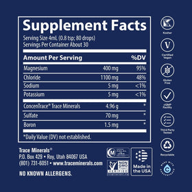Trace Minerals Mega-Mag 120 mL avec étiquette détaillant les ingrédients