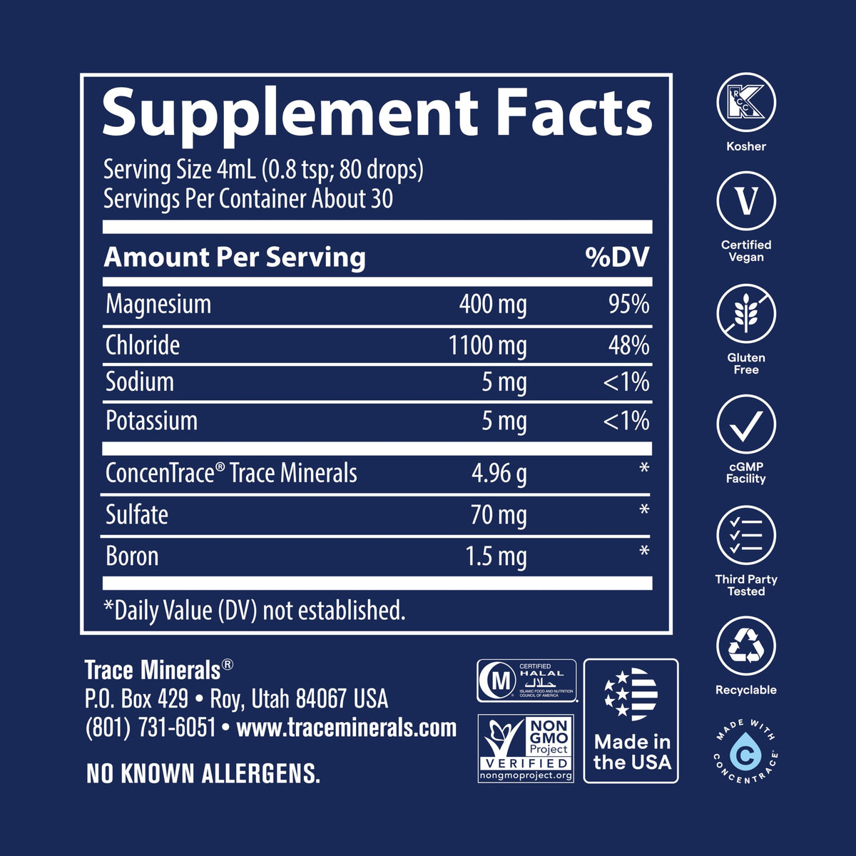 Trace Minerals Mega-Mag bouteille vue de côté avec gouttes