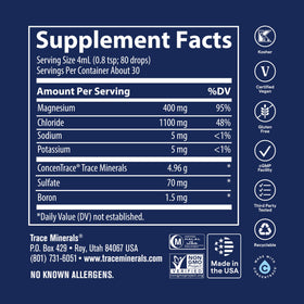 Trace Minerals Mega-Mag bouteille vue de côté avec gouttes