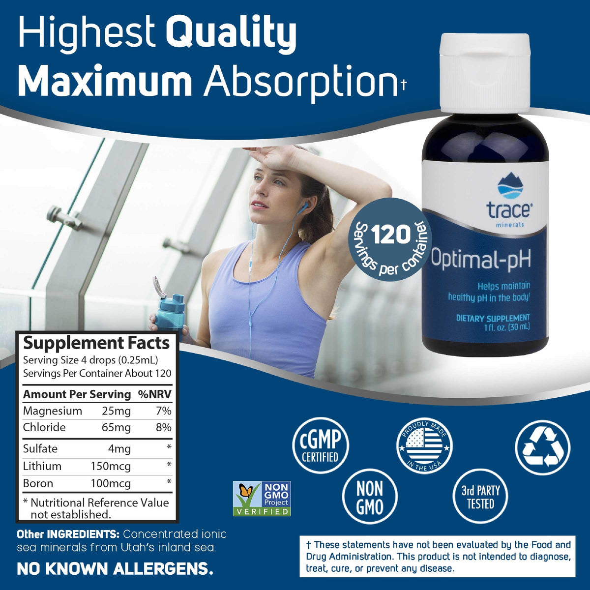 Trace Minerals Optimal-pH flacon avec étiquette détaillée