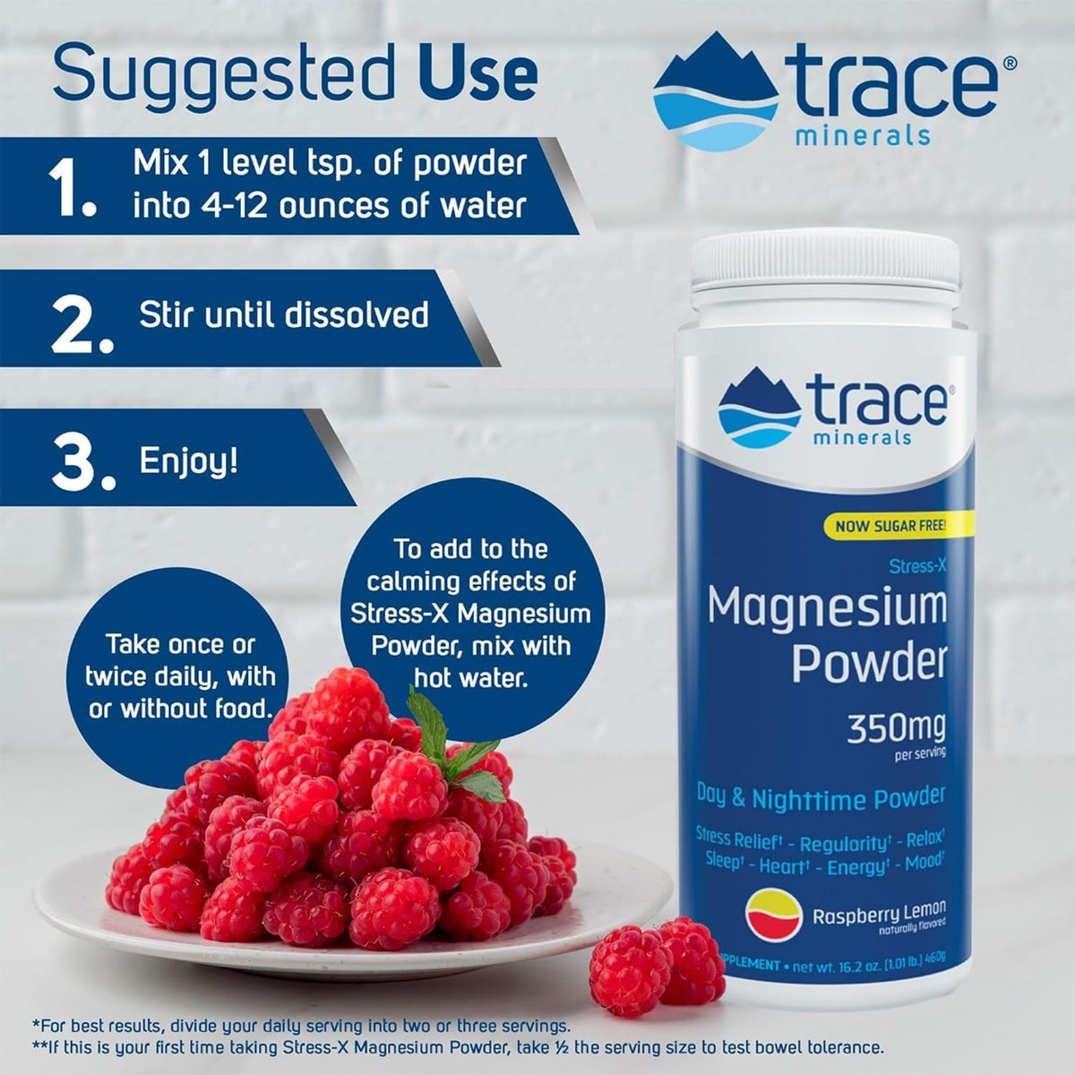 Trace Minerals Poudre de Magnésium Stress-X 350mg Framboise Citron cuillère dosée