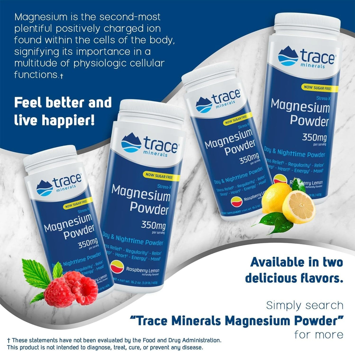 Trace Minerals Poudre de Magnésium Stress-X 350mg Framboise Citron vue de côté